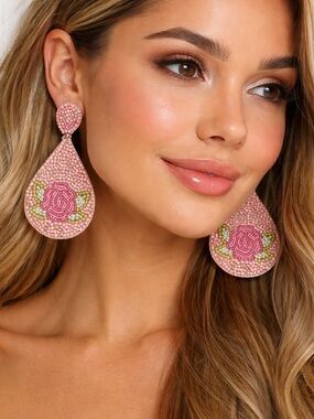 Kay Lee New York Pink Beaded Floral Statement Earrings | Handmade Boho Chic NWT